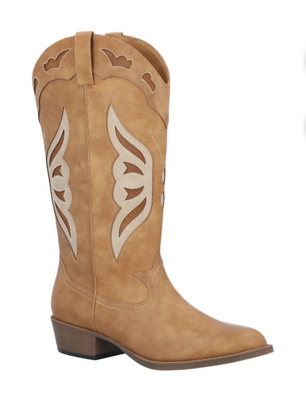 Mid-Calf Western Heeled Boots in Tan with Cutout Detail
